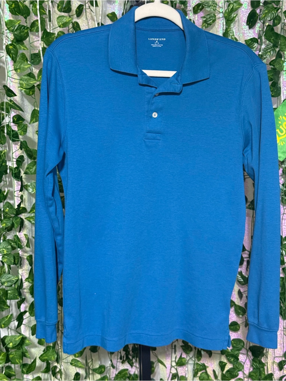 Lands' End Mens Blue Cotton Traditional Fit Polo Long Sleeve Shirt size small